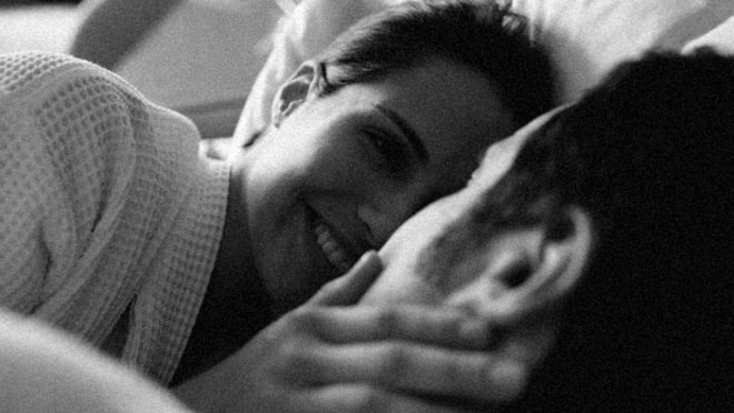 Happy woman after being inseminated by her lover